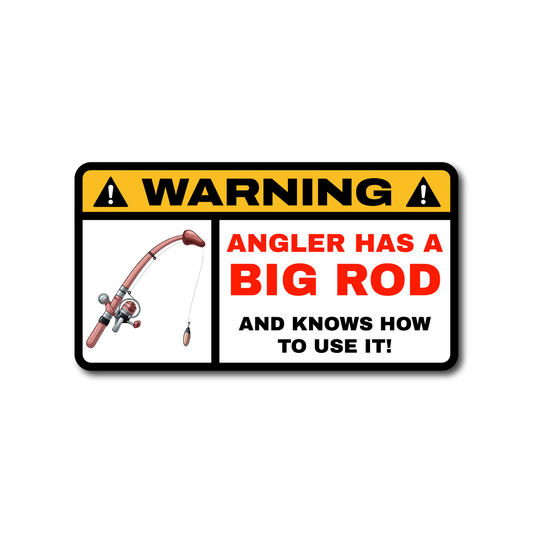 Angler has a big rod funny fishing vinyl sticker. Funny Fishing Stickers UK