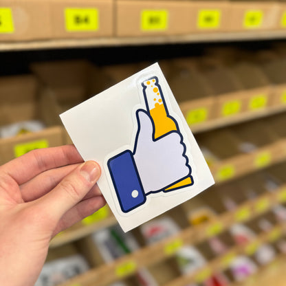 Thumbs up beer funny vinyl sticker with hand holding bottle illustration