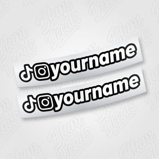 Custom TikTok and Instagram username vinyl decal in gloss white with a black outline, shown in font 19