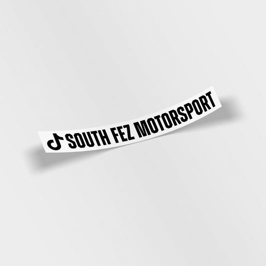 South Fez Motorsport TikTok logo windscreen sunstrip sticker, custom vinyl social media car banner, UK made gloss laminated decal.