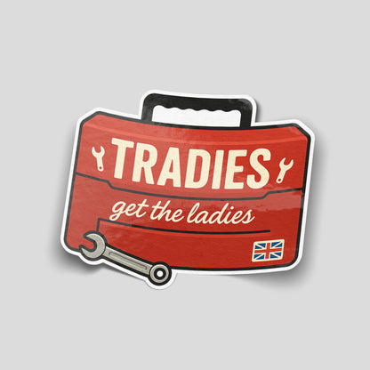 Tradies get the ladies funny car sticker with toolbox design, UK trades van humour sticker by Blum Decals