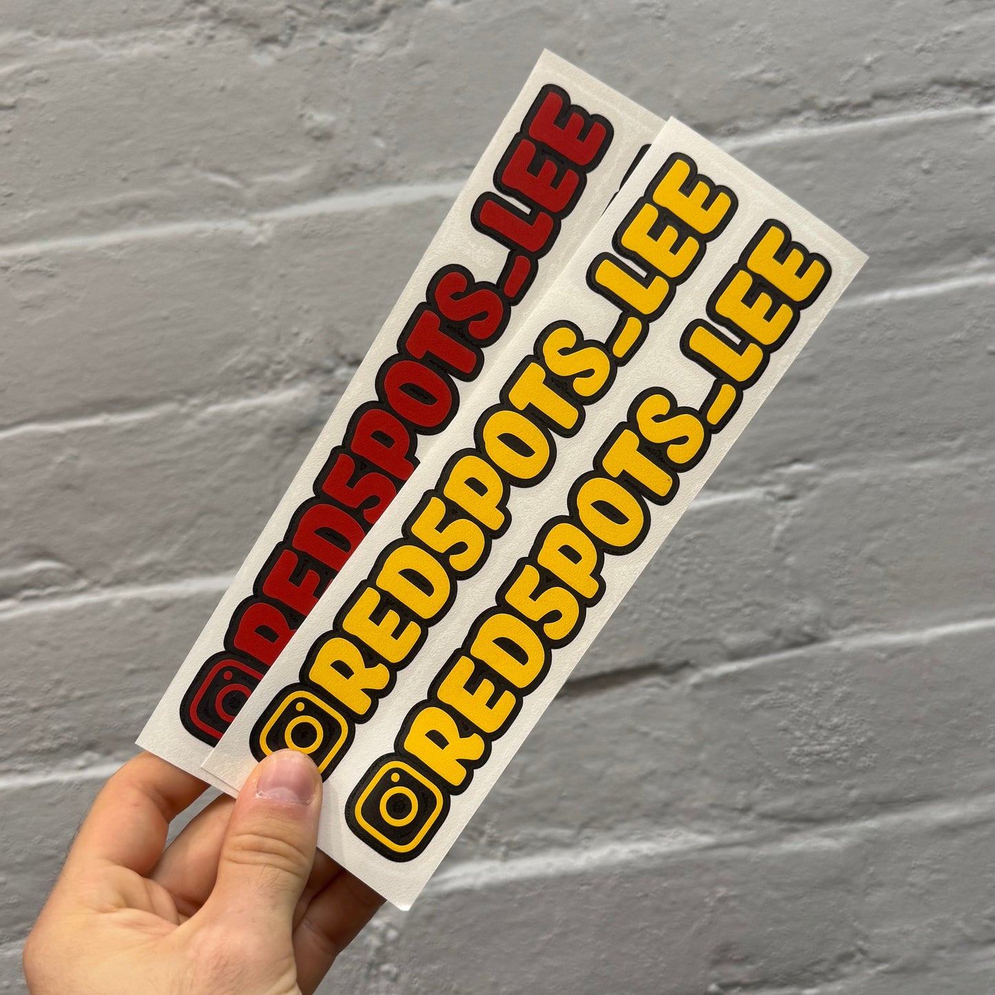 Custom Instagram handle stickers in multiple gloss vinyl colours, personalised social media car decals supplied as a pair