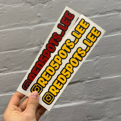 Custom Instagram handle stickers in multiple gloss vinyl colours, personalised social media car decals supplied as a pair