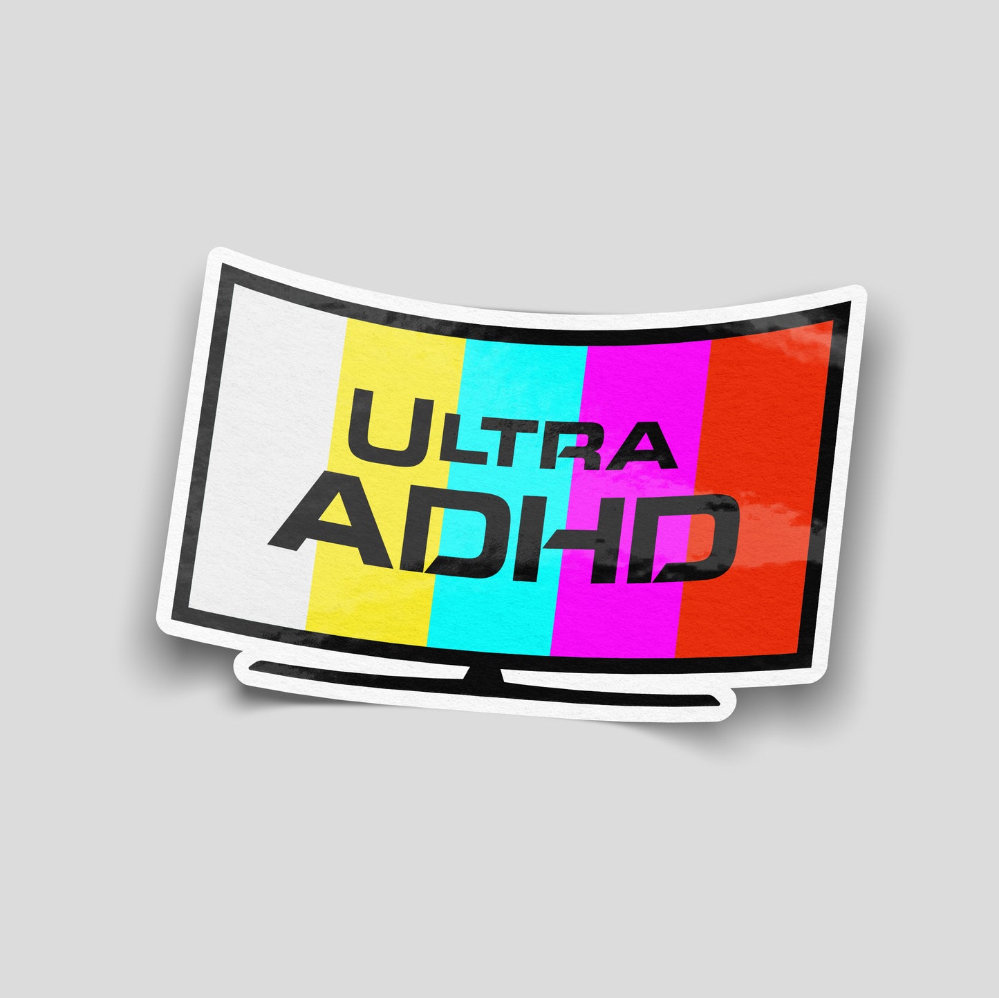Ultra ADHD funny vinyl sticker featuring a TV test screen parody, waterproof novelty humour sticker for cars, laptops, toolboxes and gaming setups.