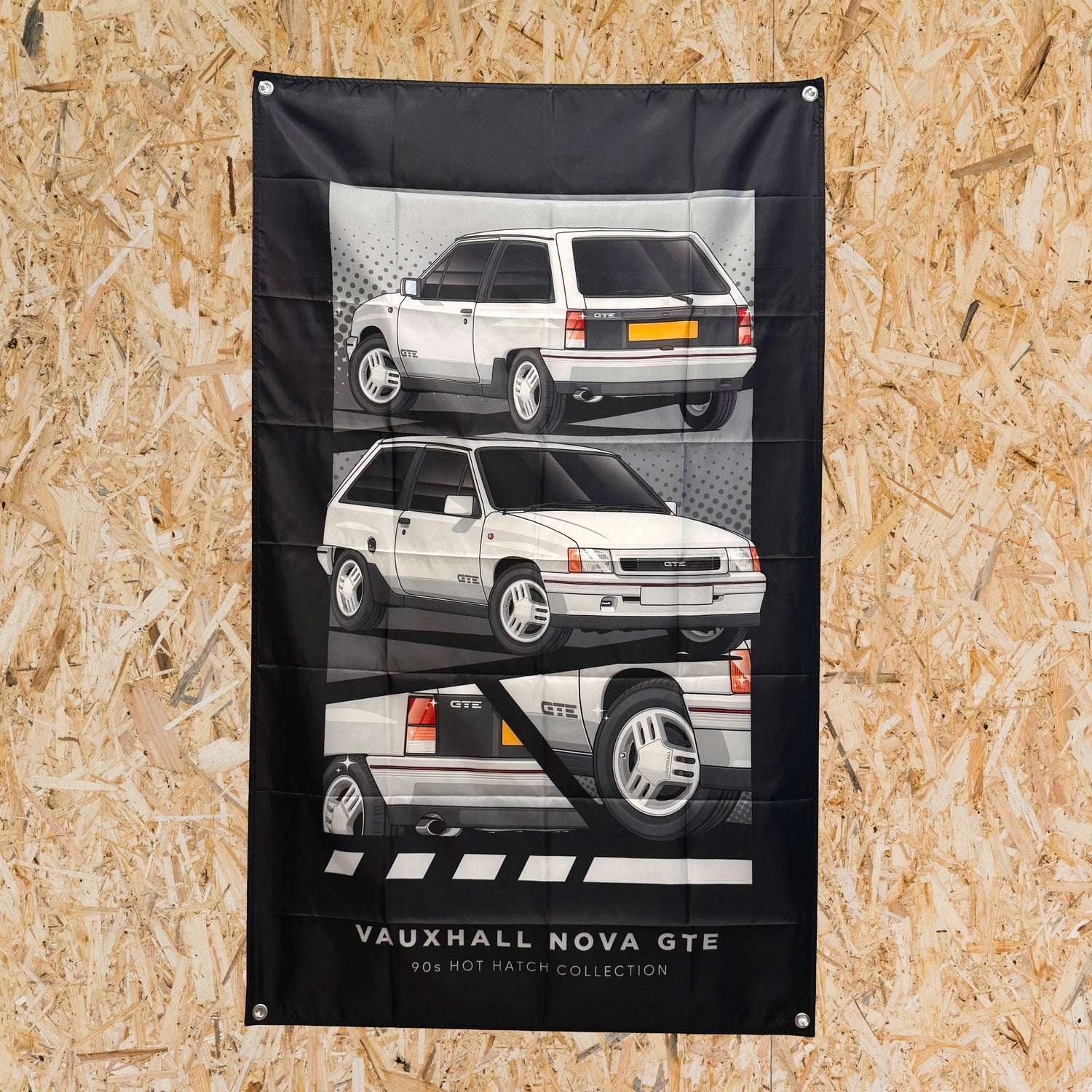 White Vauxhall Nova GTE 90s hot hatch illustration printed on garage banner.