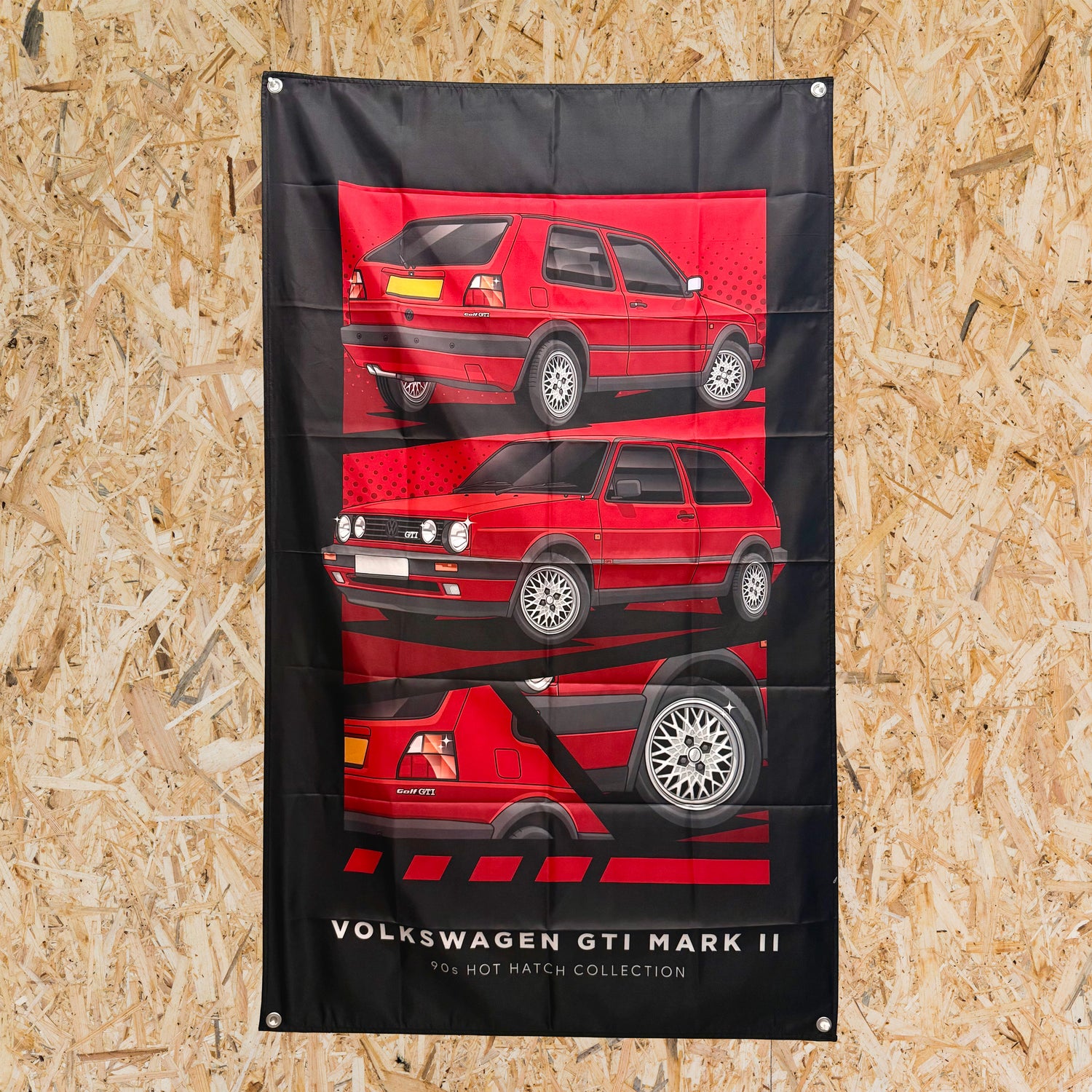 Red Volkswagen Golf GTI Mk2 90s hot hatch artwork on black polyester garage banner.