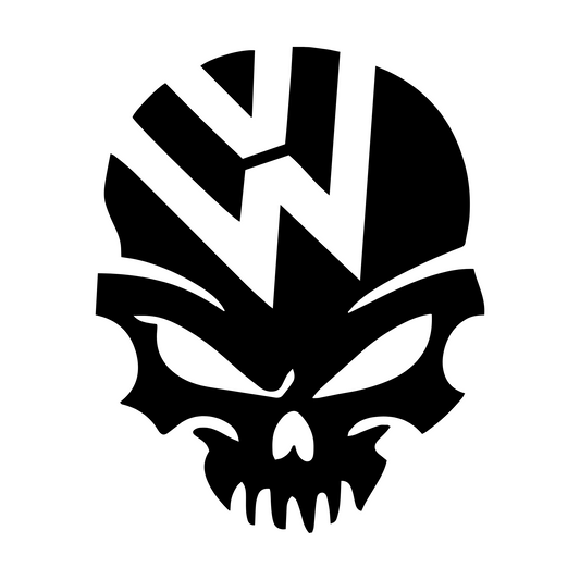 Car vinyl decal featuring a bold design that merges the Volkswagen logo with a menacing skull graphic. Perfect for adding a unique, edgy touch to your vehicle, ideal for Volkswagen enthusiasts looking to personalise their ride with a striking and intimidating decal.