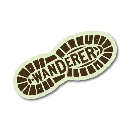 Vinyl sticker shaped like a hiking boot footprint with the word “Wanderer” inside, symbolising adventure and exploration.