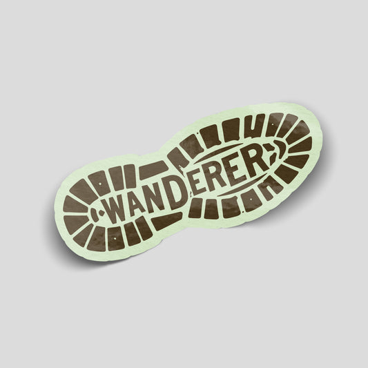 Hiking boot sole-shaped sticker with a brown tread pattern and “Wanderer” lettering on a pale green background.