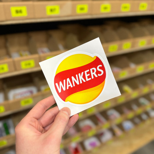 Parody logo style “Wankers” text funny vinyl sticker.