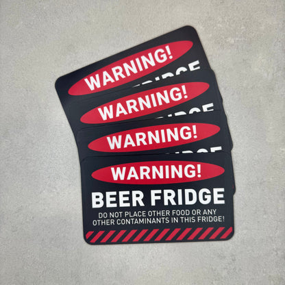 Beer Fridge Warning funny magnet stack featuring industrial warning style design. Removable novelty fridge magnet perfect for garages, home bars and beer fridges with durable matte laminate finish by Blum Decals UK.