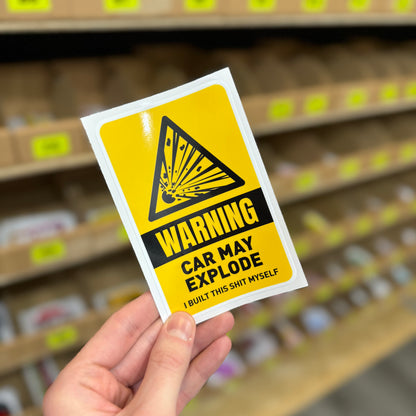 Yellow warning sign reading “Car may explode” funny vinyl sticker.