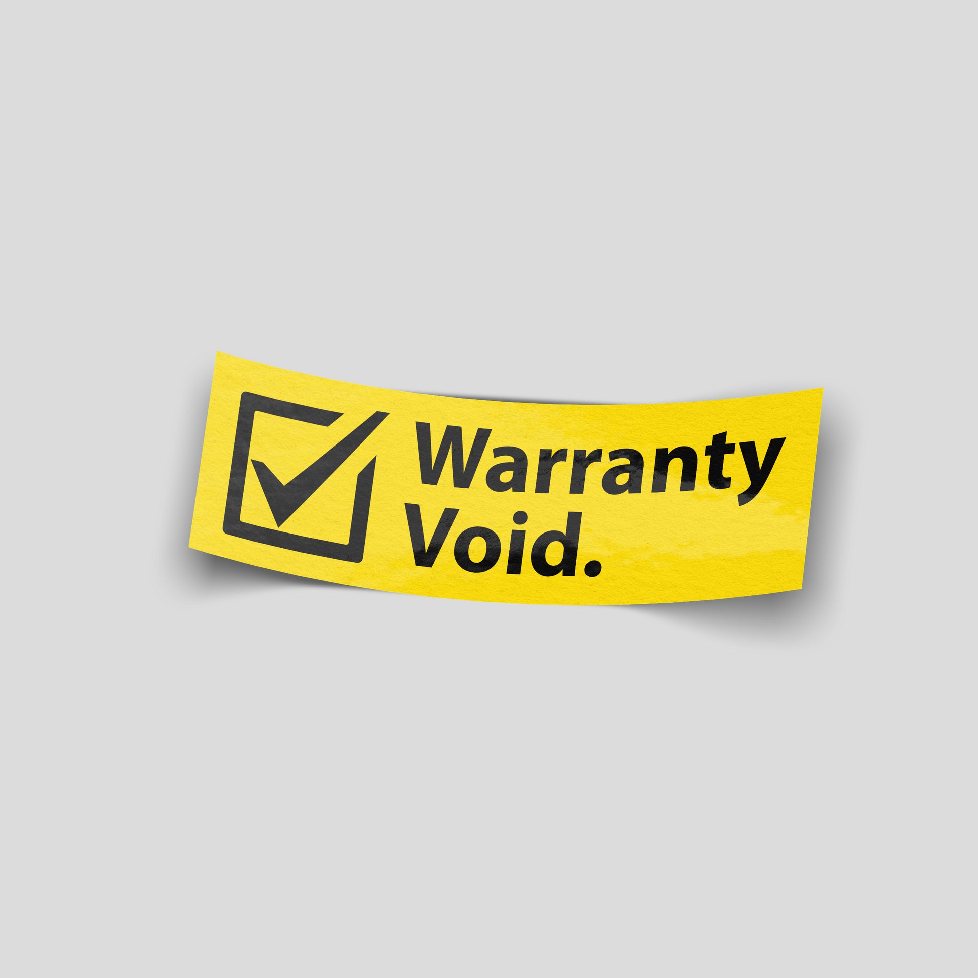 Warranty void funny car sticker in yellow warning style, humorous UK automotive vinyl sticker by Blum Decals
