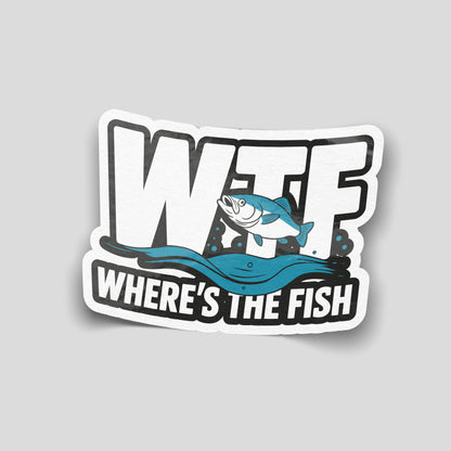 WTF Where’s The Fish funny car sticker with fish graphic, novelty UK car sticker by Blum Decals