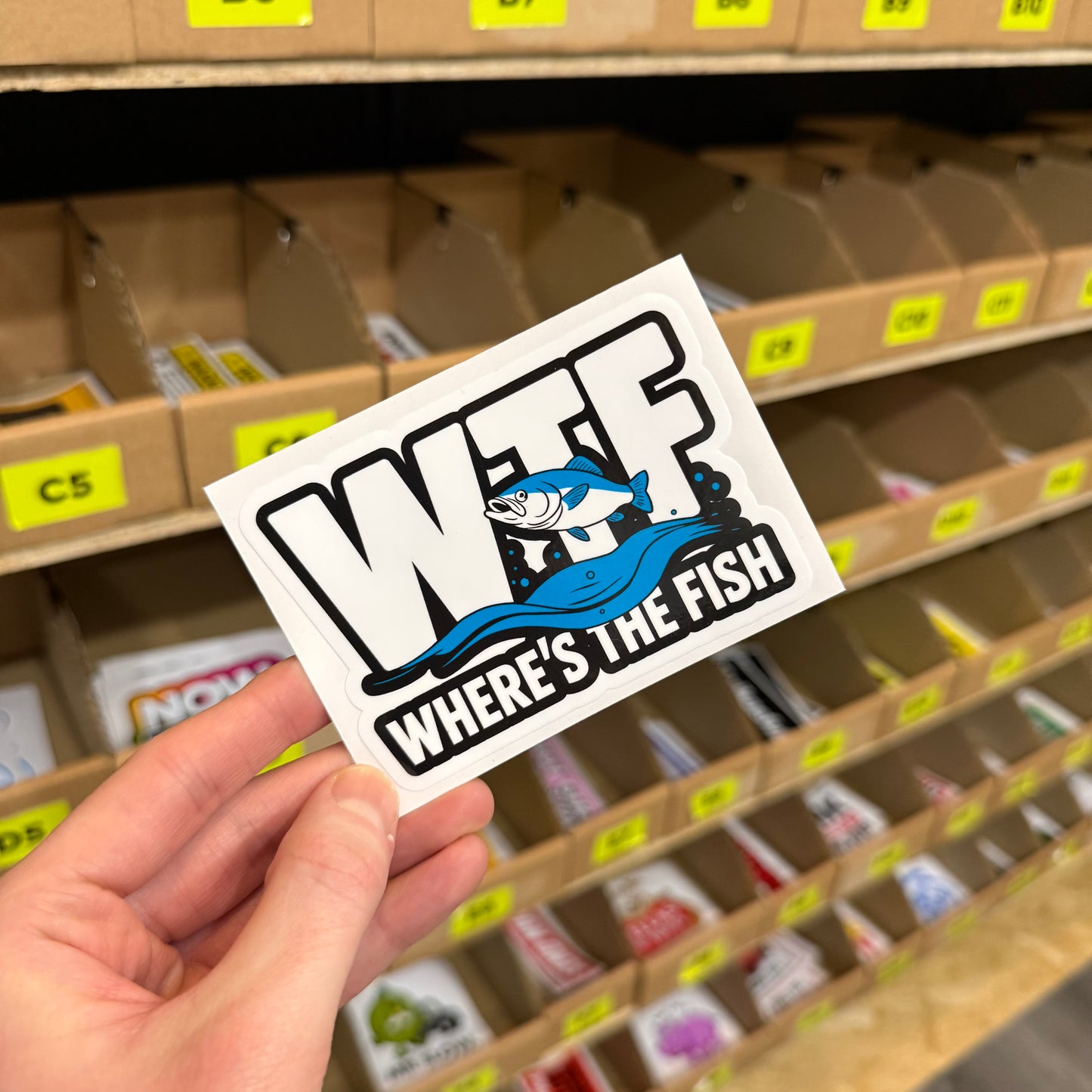 Fishing themed “WTF where’s the fish” funny vinyl sticker.