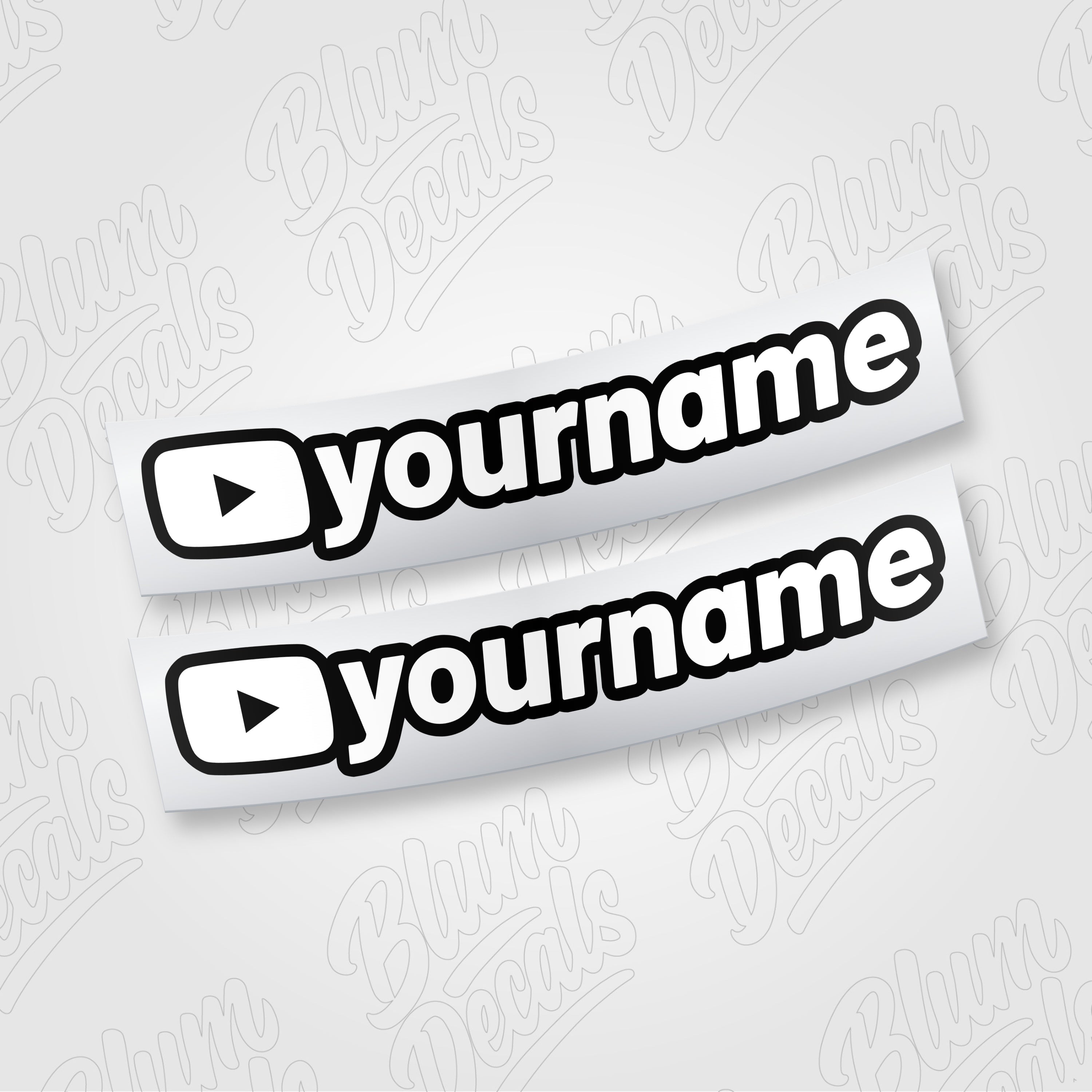 Custom YouTube channel name vinyl decal in gloss white with a black outline, shown in font 19