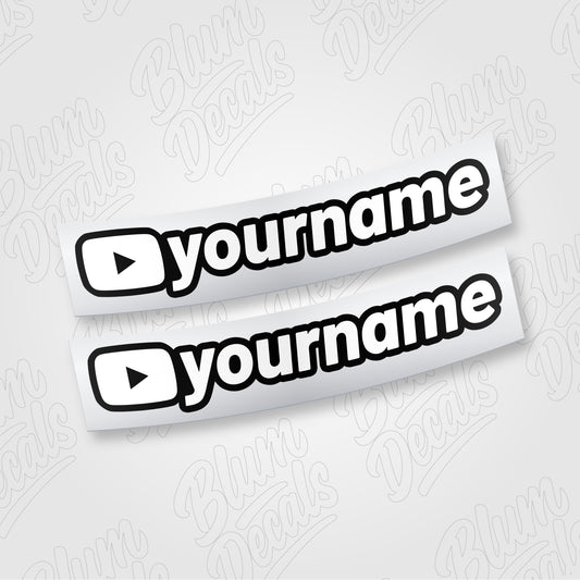 Custom YouTube channel name vinyl decal in gloss white with a black outline, shown in font 19