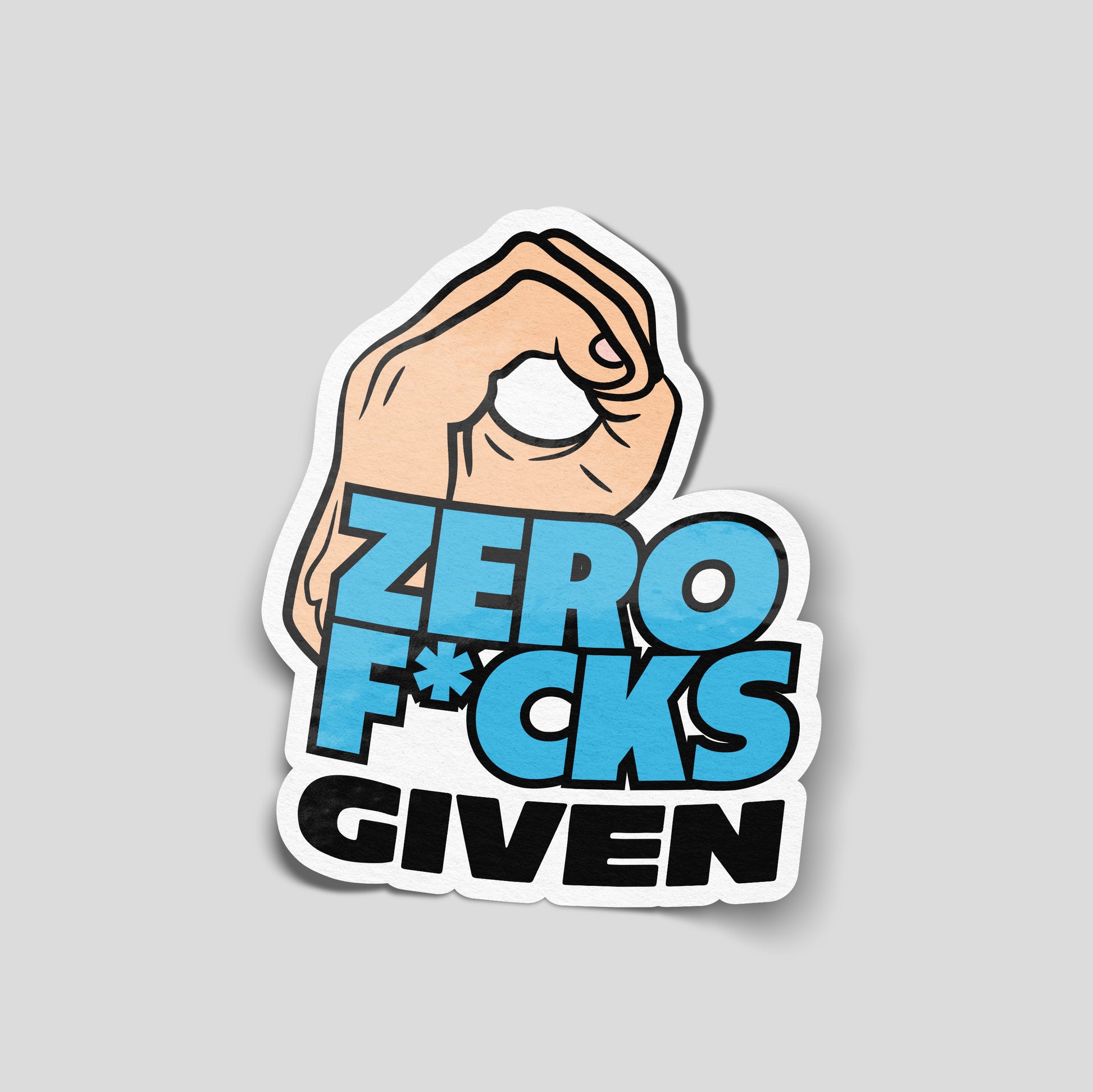 “Zero F*cks Given” funny vinyl sticker with hand gesture graphic, bold novelty car sticker for vehicles, toolboxes or garages.