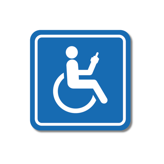 Funny blue disabled sign-style sticker with figure giving the middle finger – ideal for bold UK drivers and mobility users.

