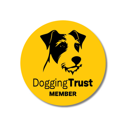 Funny vinyl sticker reading “Dogging Trust Member” with a cartoon dog – cheeky car decal full of British banter and double meaning.