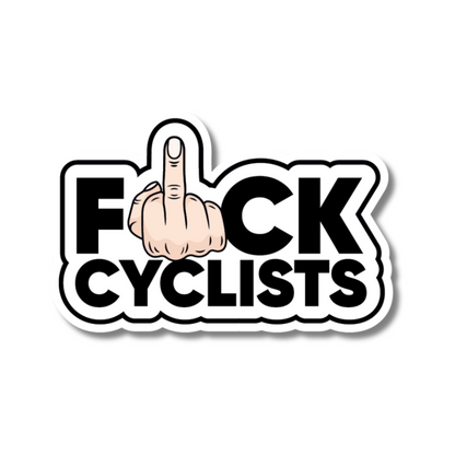 Rude anti-cyclist vinyl sticker with middle finger replacing the letter "U" – funny and bold for UK car and van owners.