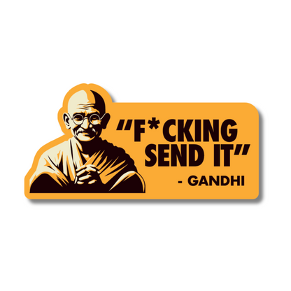 Funny vinyl sticker with “F*cking Send It – Gandhi” text and a cartoon of Gandhi – ideal for British car fans with a sense of humour.