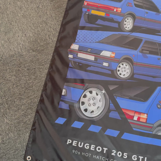 Video showing a Peugeot 205 GTI Garage banner, with close ups of the individual details. 