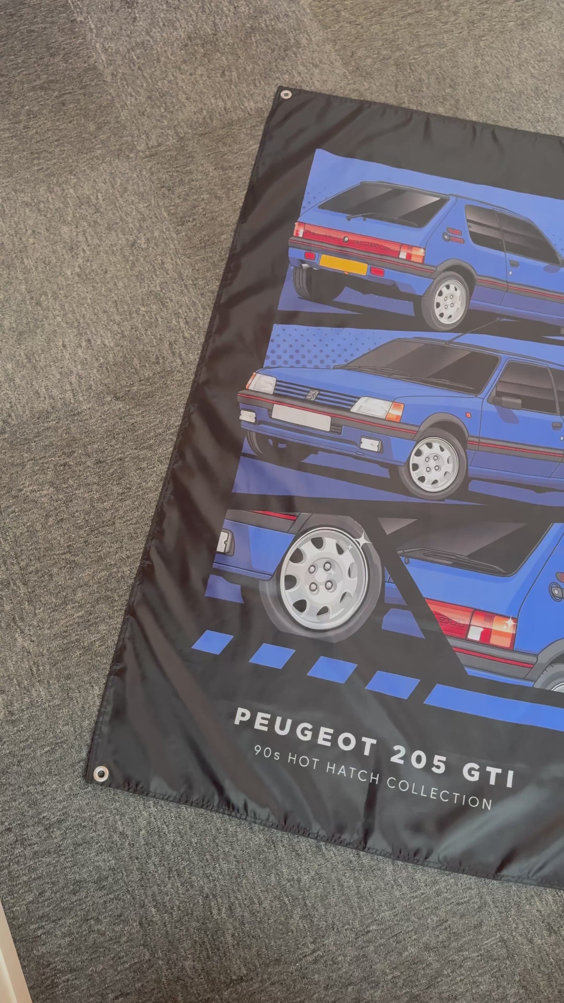 Video showing a Peugeot 205 GTI Garage banner, with close ups of the individual details. 
