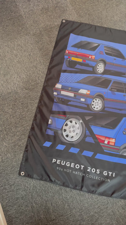 Video showing a Peugeot 205 GTI Garage banner, with close ups of the individual details. 