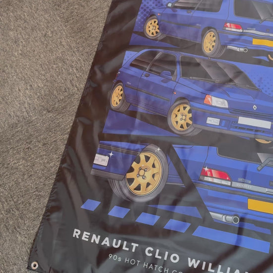 Video showing a Renault Clio Williams Garage banner, with close ups of the individual details. 