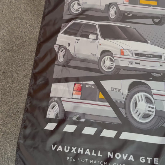 Video showing a Vauxhall Nova GTE Garage banner, with close ups of the individual details. 