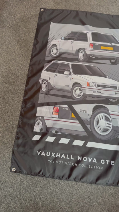 Video showing a Vauxhall Nova GTE Garage banner, with close ups of the individual details. 