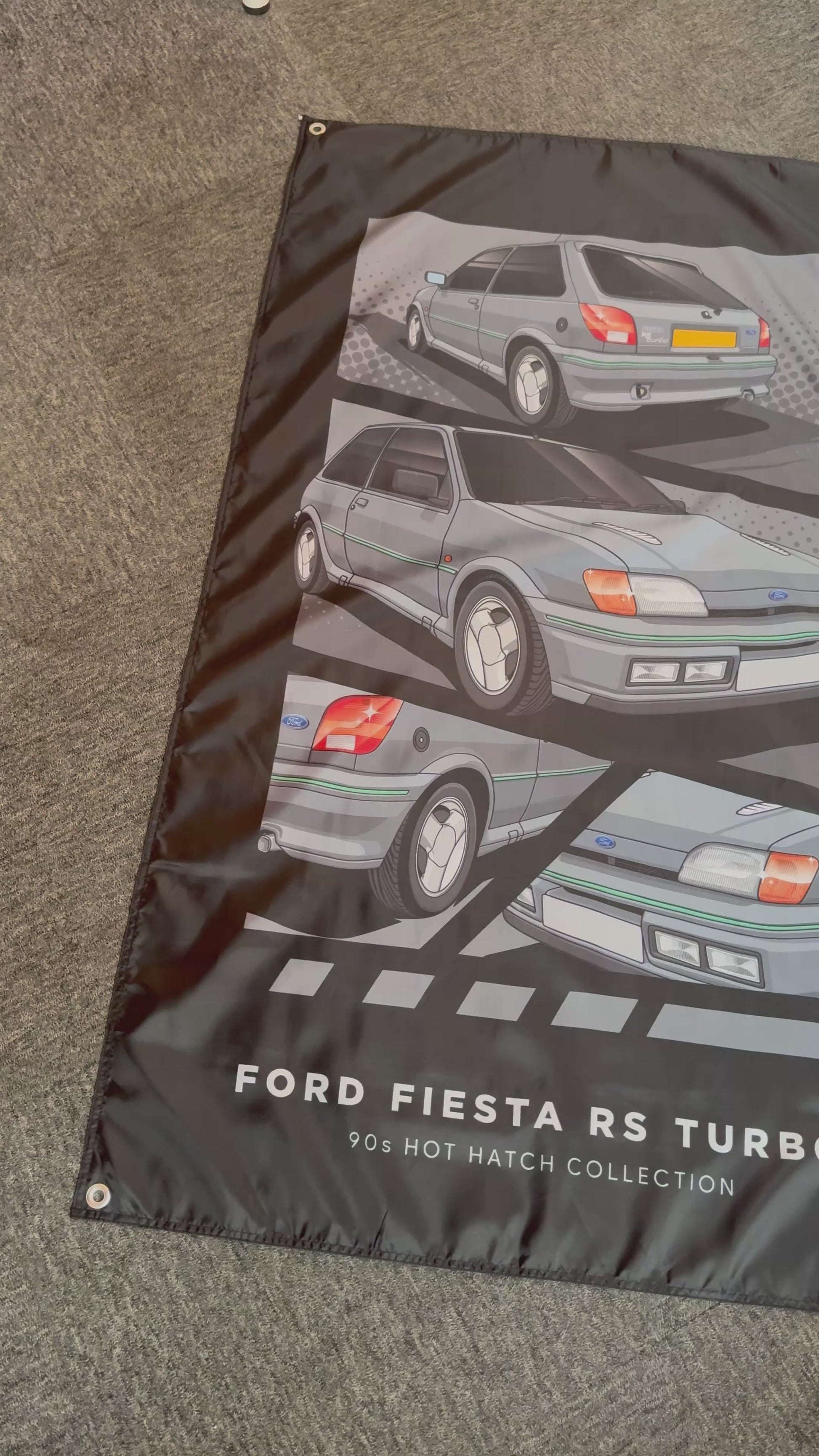 Video showing a Ford Fiesta RS turbo banner, with close ups of the individual details. 