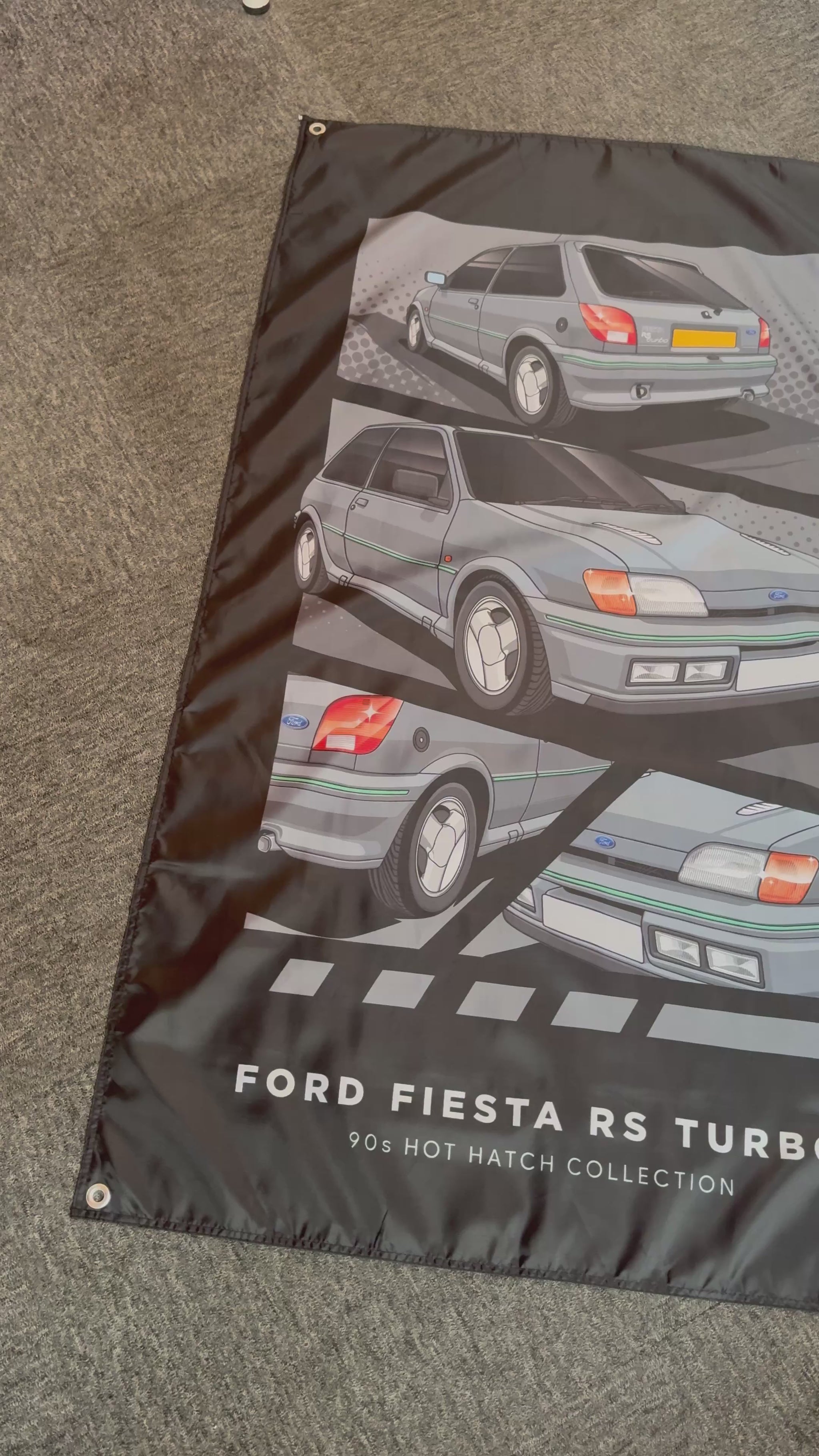 Video showing a Ford Fiesta RS turbo banner, with close ups of the individual details. 
