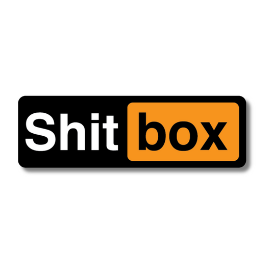 Funny “Shitbox” sticker parodying a car forum logo – ideal for old bangers, beaters and budget builds in the UK car scene.