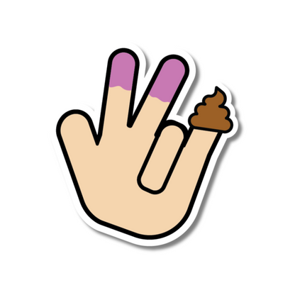 Cheeky vinyl sticker showing hand gesture with two fingers pink, one brown – bold, rude humour for cars, toolboxes or banter builds.
